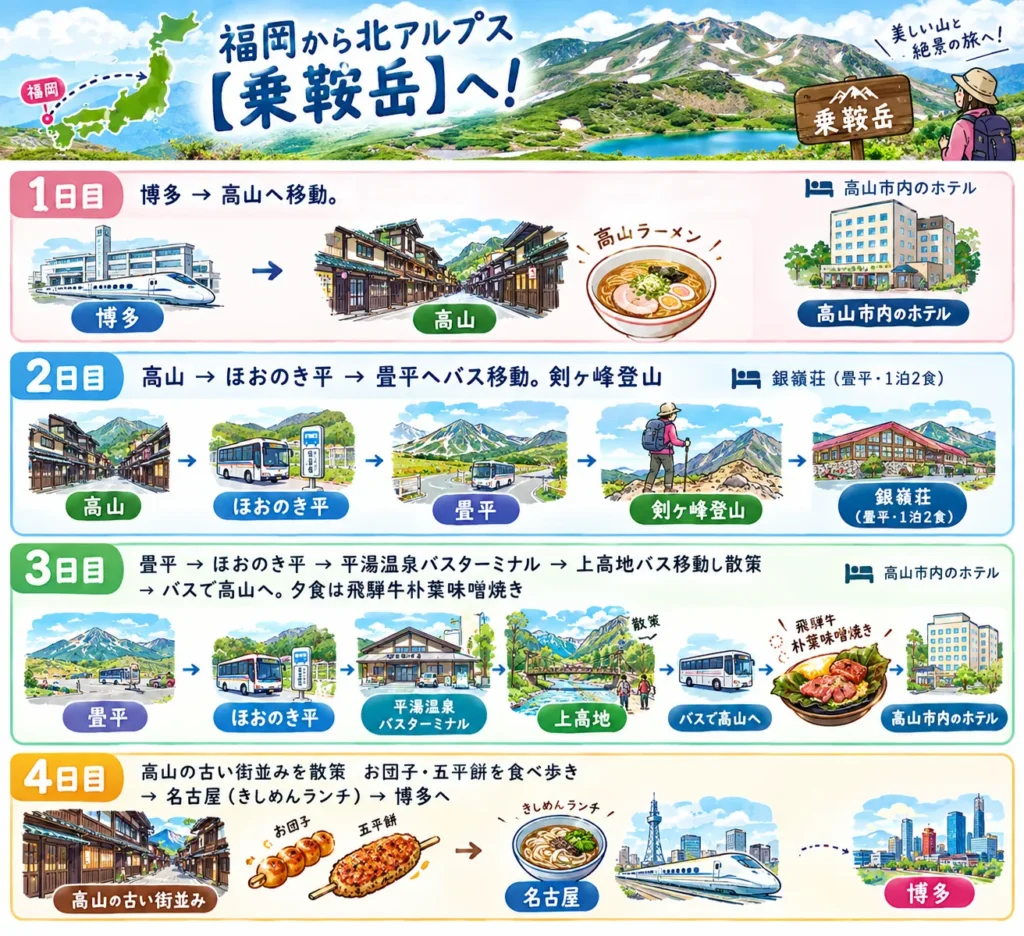 博多〜乗鞍岳3泊4日のスケジュール